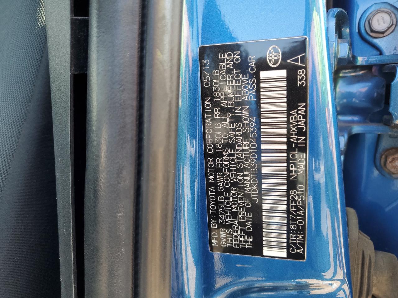 2013 Toyota Prius C VIN: JTDKDTB39D1045394 Lot: 71846635