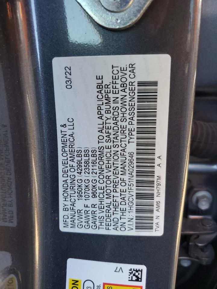 2022 Honda Accord Exl VIN: 1HGCV1F51NA029646 Lot: 84418055