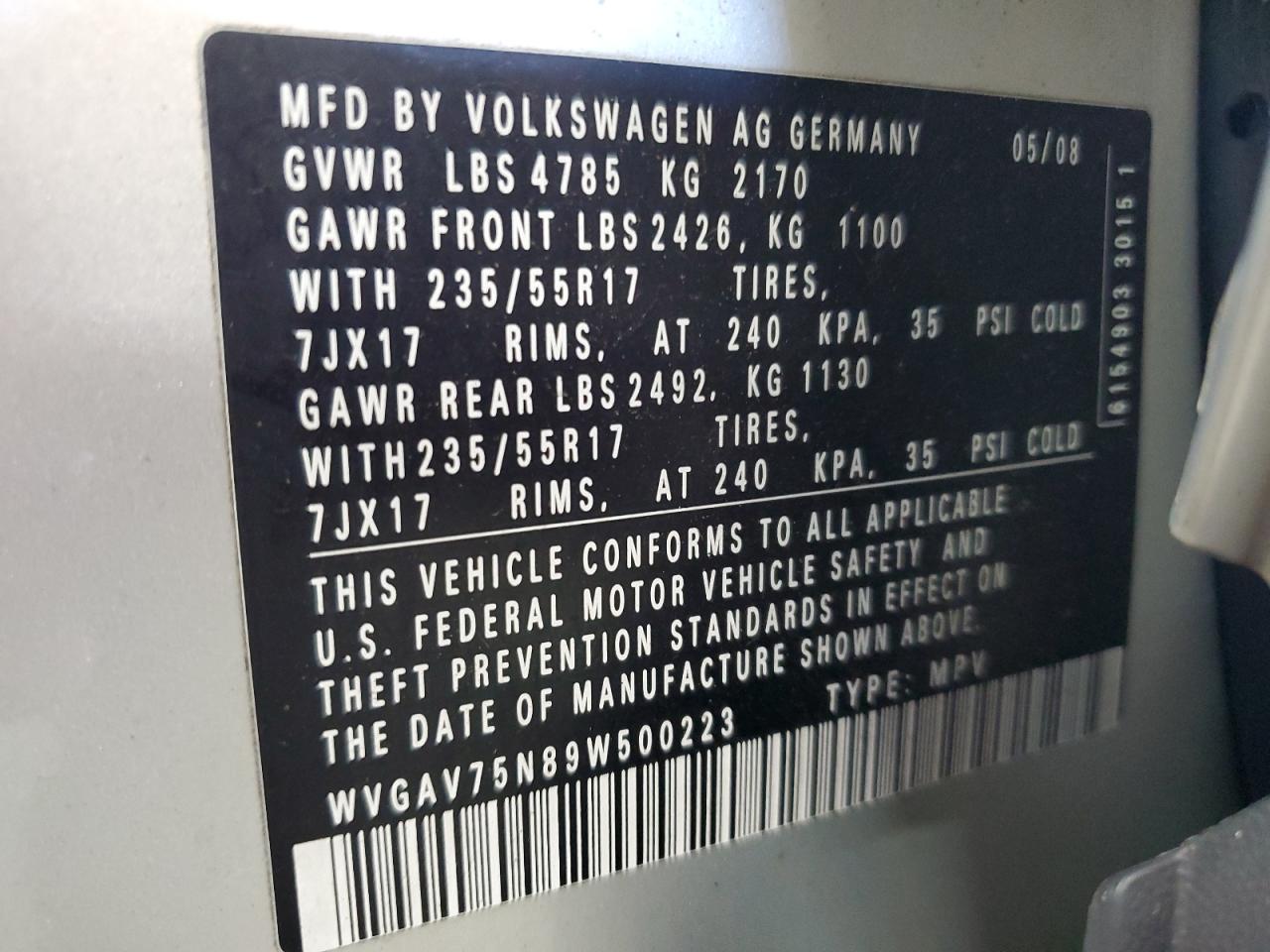 2009 Volkswagen Tiguan S VIN: WVGAV75N89W500223 Lot: 70937695