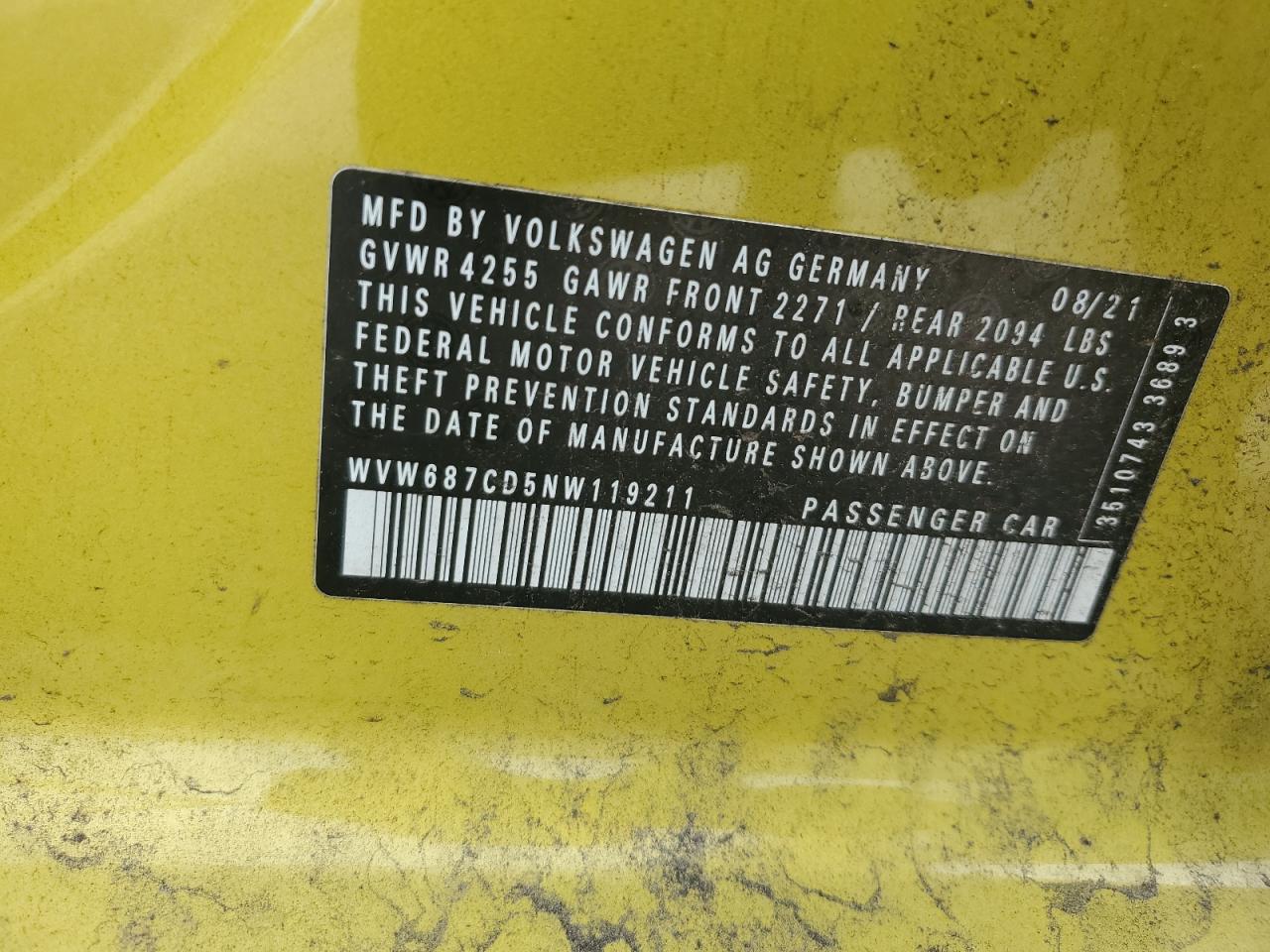 2022 Volkswagen Gti Autobahn VIN: WVW687CD5NW119211 Lot: 80804875