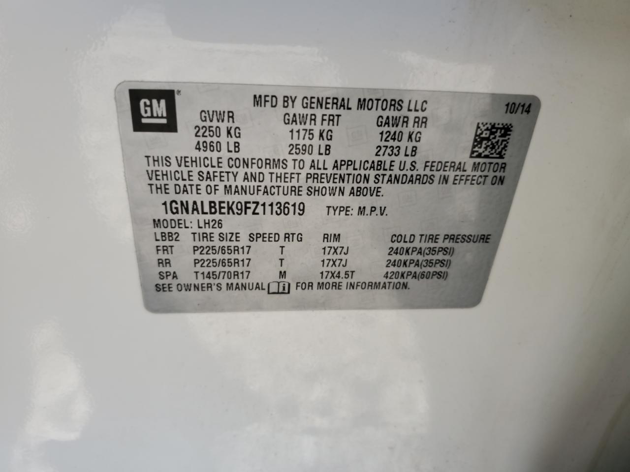 2015 Chevrolet Equinox Lt VIN: 1GNALBEK9FZ113619 Lot: 81920265