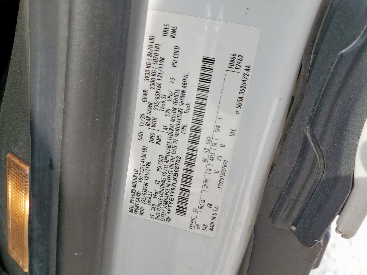 2020 Ford Transit T-150 VIN: 1FTYE1Y87LKB68702 Lot: 81256585