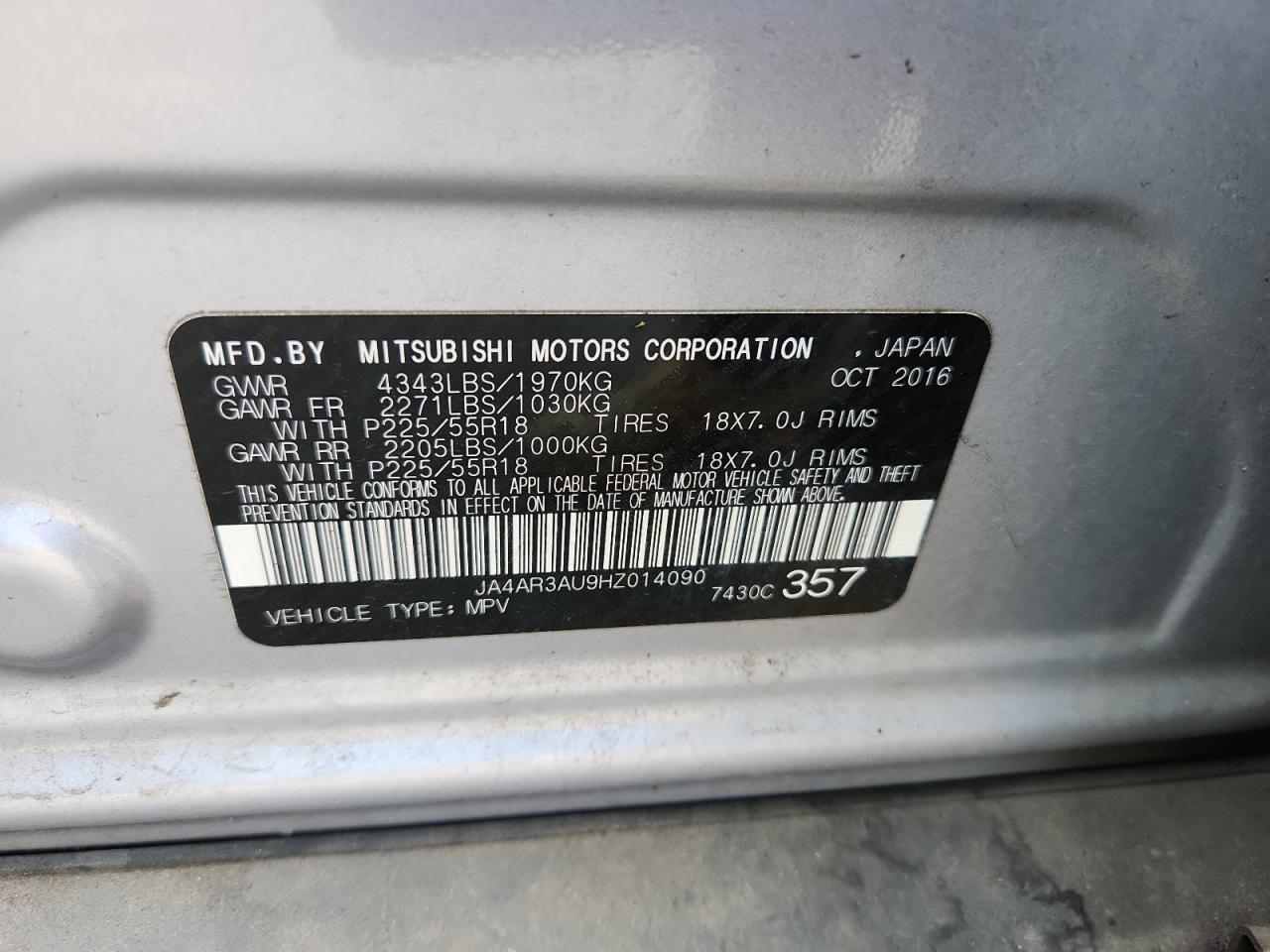 2017 Mitsubishi Outlander Sport Es VIN: JA4AR3AU9HZ014090 Lot: 71854235