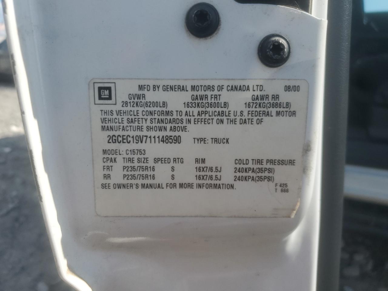 2001 Chevrolet Silverado C1500 VIN: 2GCEC19V711148590 Lot: 84185575