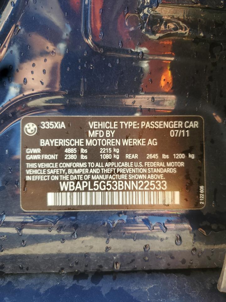 2011 BMW 335 Xi VIN: WBAPL5G53BNN22533 Lot: 84400845