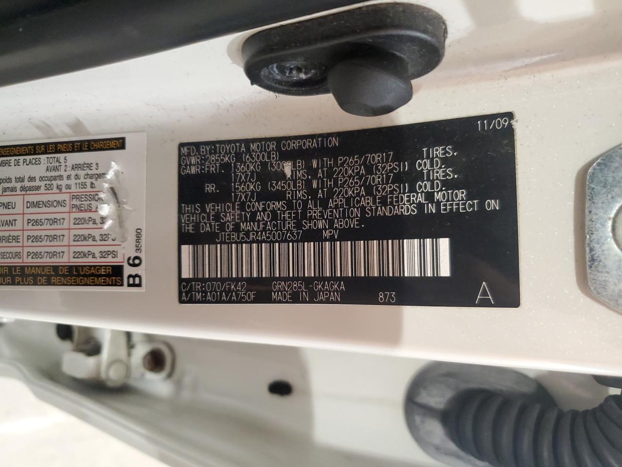 2010 Toyota 4Runner Sr5 VIN: JTEBU5JR4A5007637 Lot: 80762145