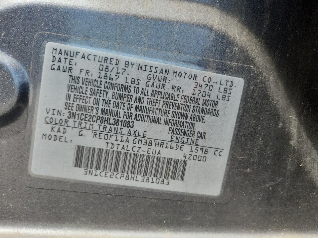 2017 Nissan Versa Note S VIN: 3N1CE2CP8HL381083 Lot: 81865965