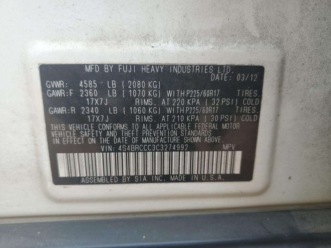 2012 Subaru Outback 2.5I Premium VIN: 4S4BRCCC3C3274992 Lot: 81763075