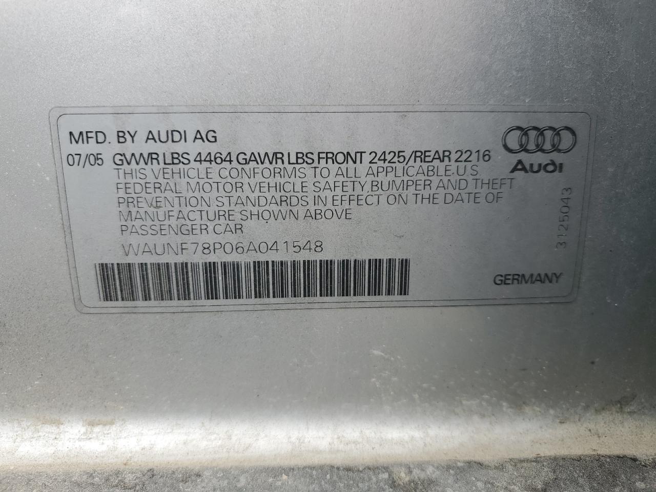 2006 Audi A3 2.0 Premium VIN: WAUNF78P06A041548 Lot: 81895955