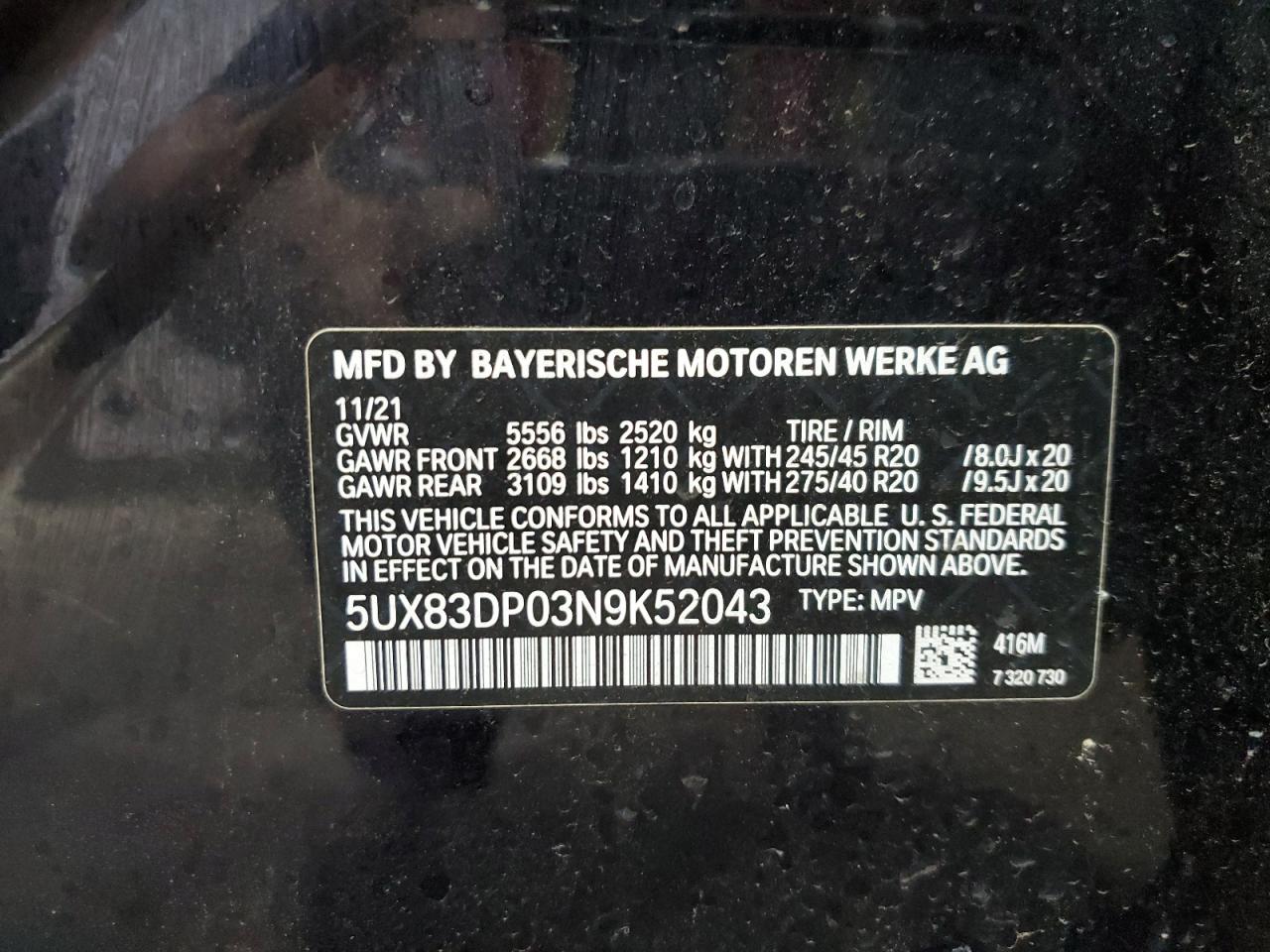 2022 BMW X3 M40I VIN: 5UX83DP03N9K52043 Lot: 83796975
