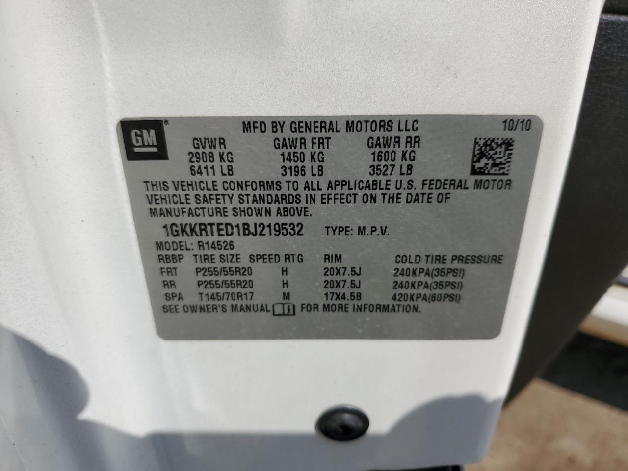 2011 GMC Acadia Denali VIN: 1GKKRTED1BJ219532 Lot: 80918865