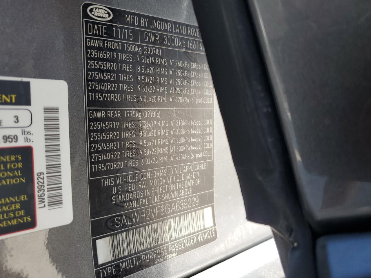 2016 Land Rover Range Rover Sport Hse VIN: SALWR2VF6GA639229 Lot: 81215105