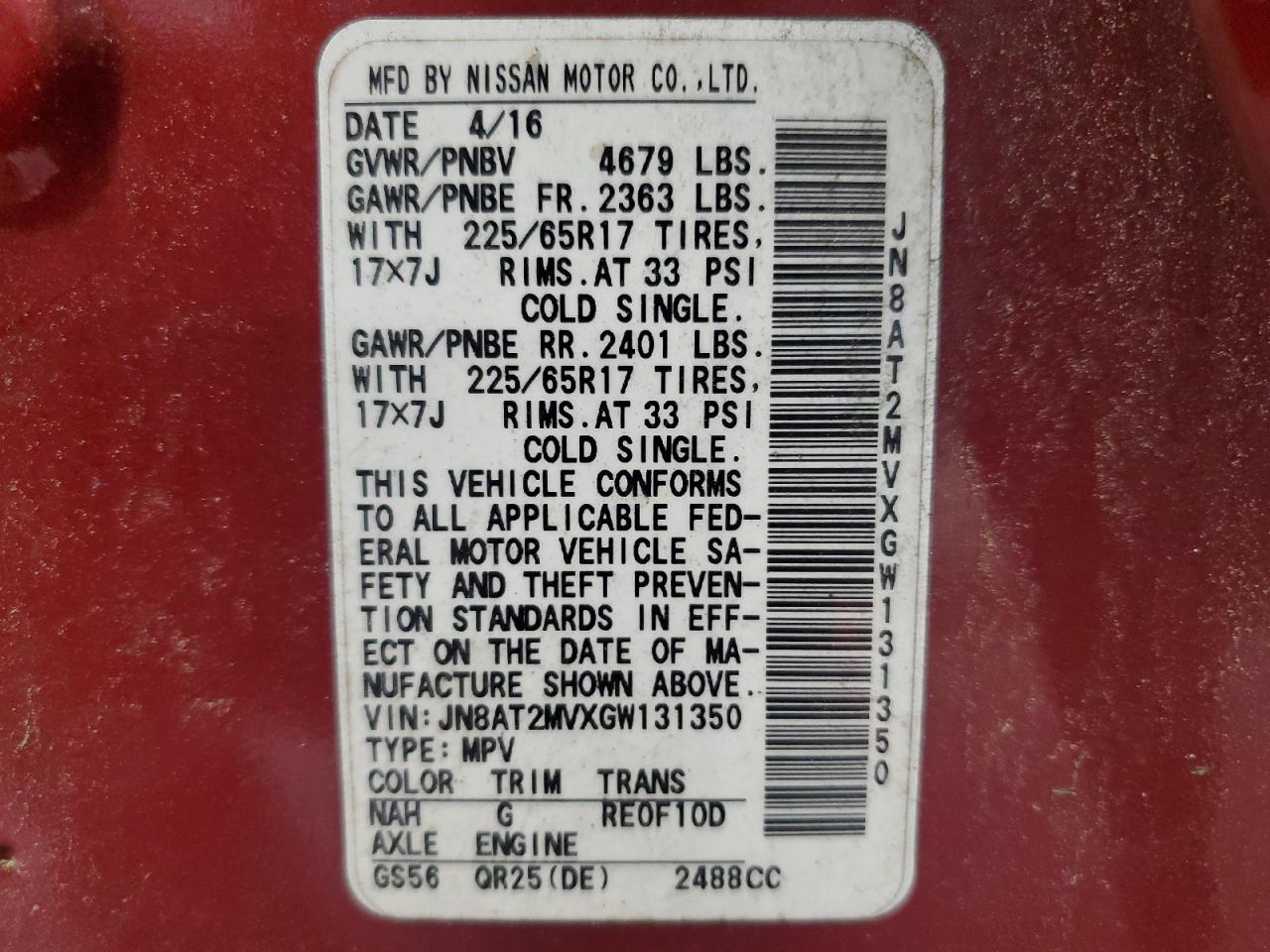 2016 Nissan Rogue S VIN: JN8AT2MVXGW131350 Lot: 81863895