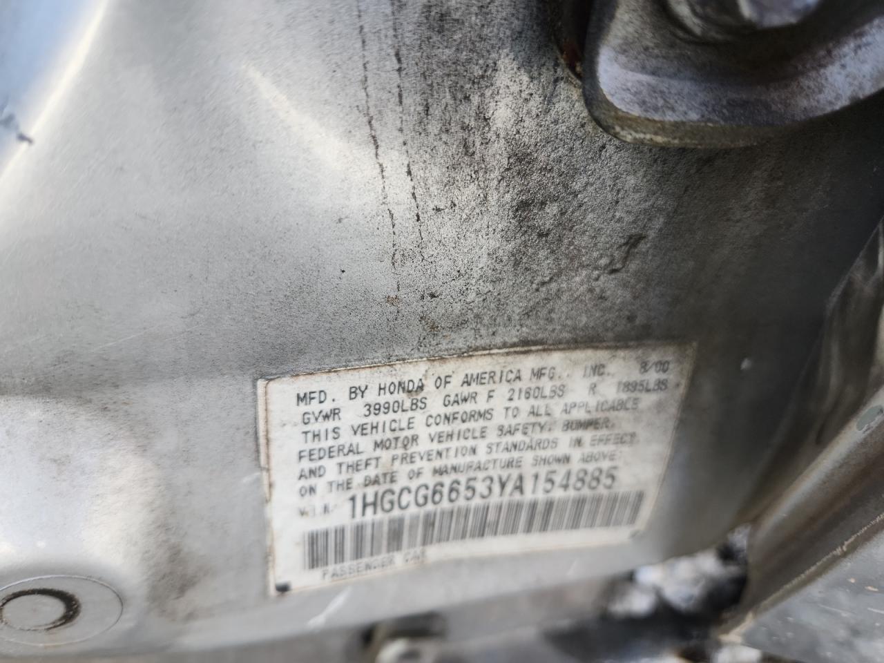 2000 Honda Accord Lx VIN: 1HGCG6653YA154885 Lot: 83931995