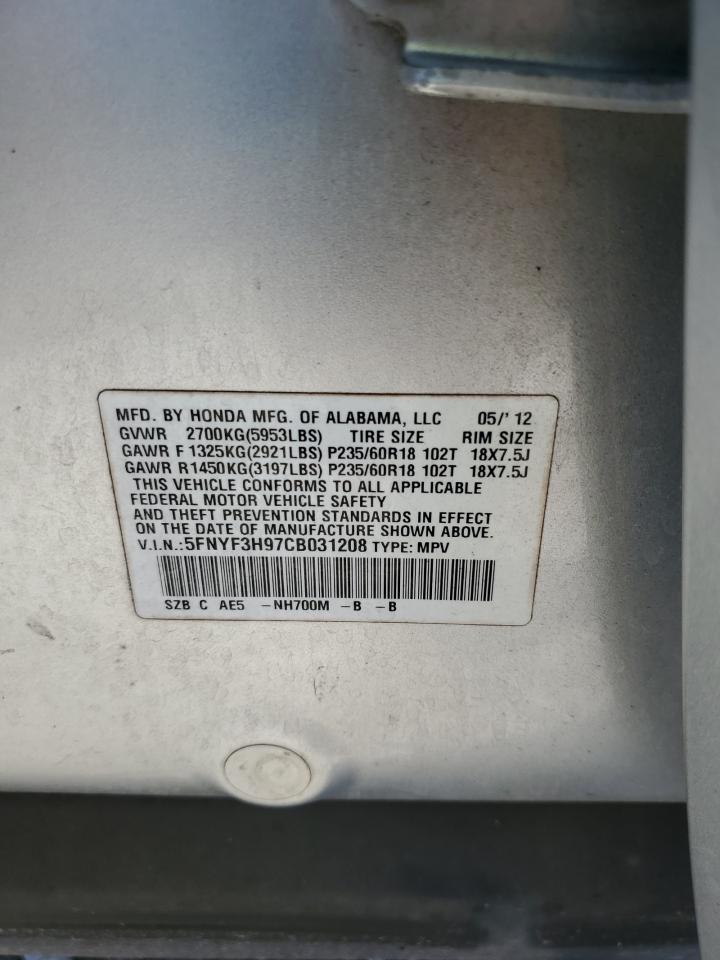 2012 Honda Pilot Touring VIN: 5FNYF3H97CB031208 Lot: 71110715