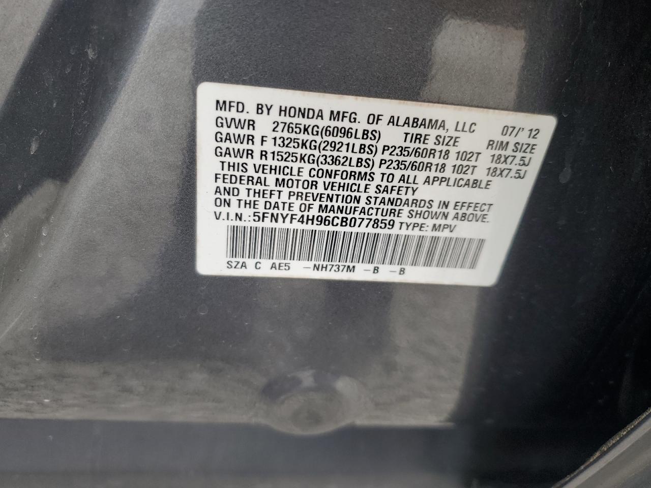 2012 Honda Pilot Touring VIN: 5FNYF4H96CB077859 Lot: 83977205