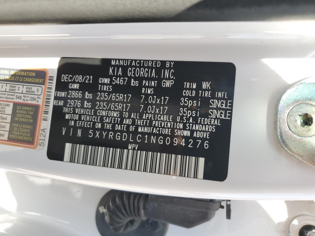 2022 Kia Sorento Lx VIN: 5XYRGDLC1NG094276 Lot: 82109405