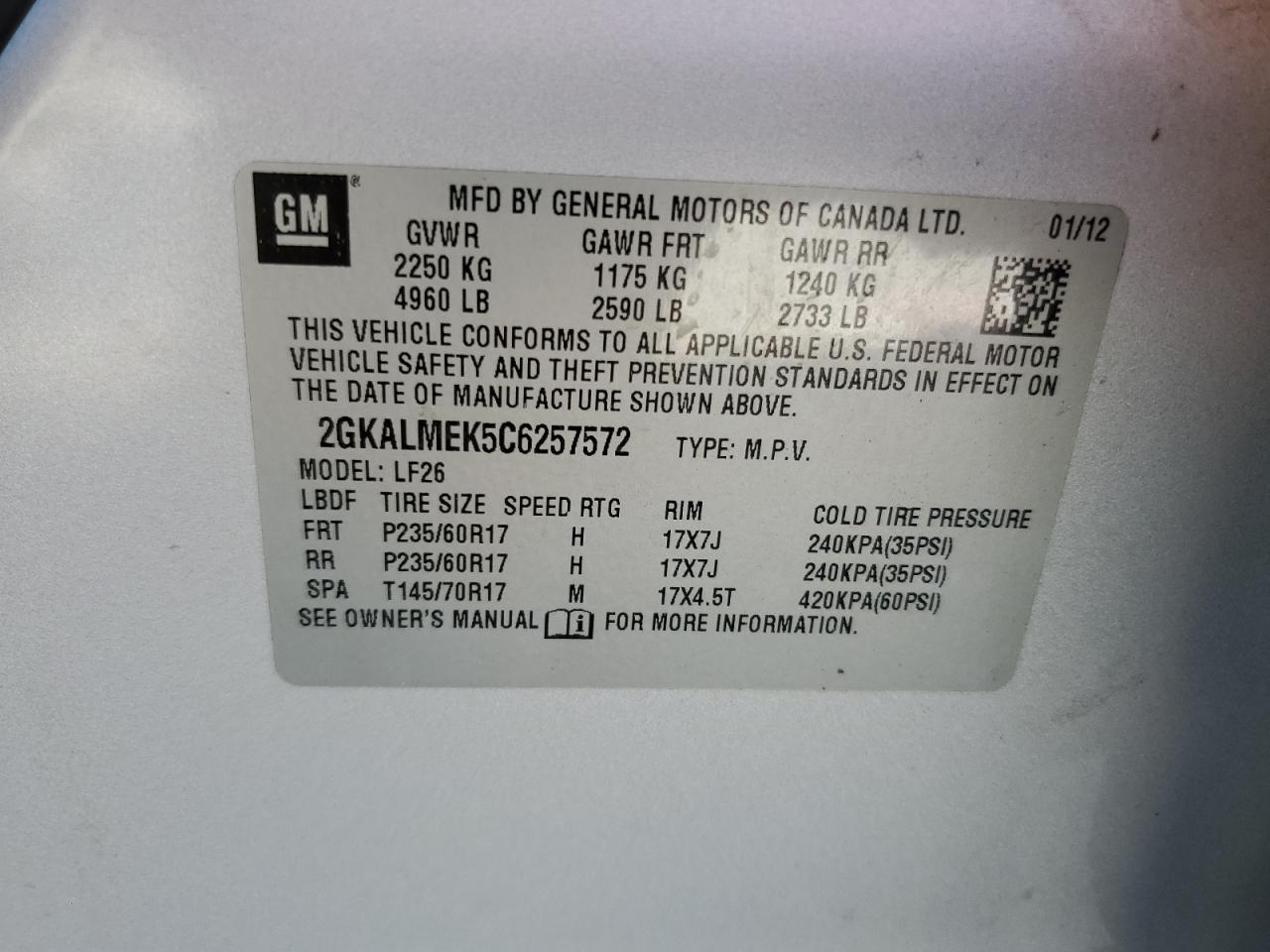 2012 GMC Terrain Sle VIN: 2GKALMEK5C6257572 Lot: 71598715