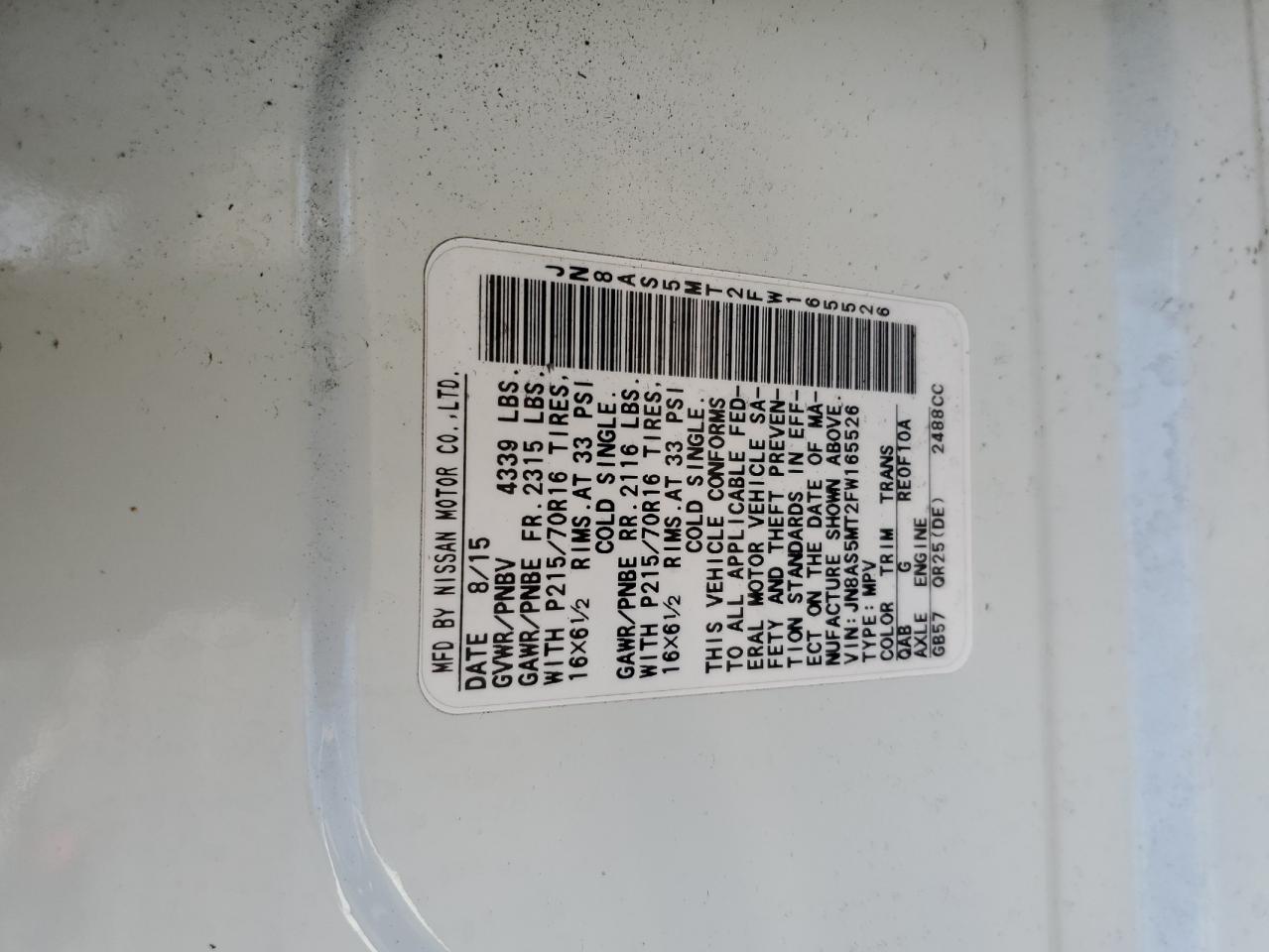 2015 Nissan Rogue Select S VIN: JN8AS5MT2FW165526 Lot: 84375305