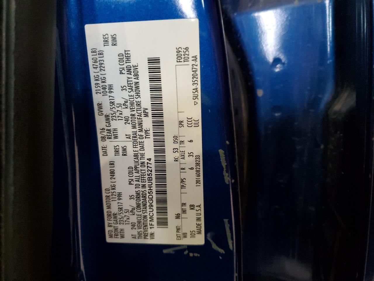 2017 Ford Escape Se VIN: 1FMCU9GD5HUB52774 Lot: 81713625