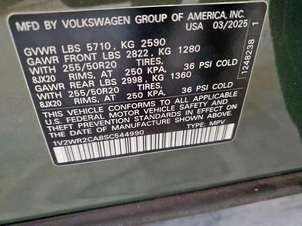 2025 Volkswagen Atlas Se VIN: 1V2WR2CA8SC544990 Lot: 80464185