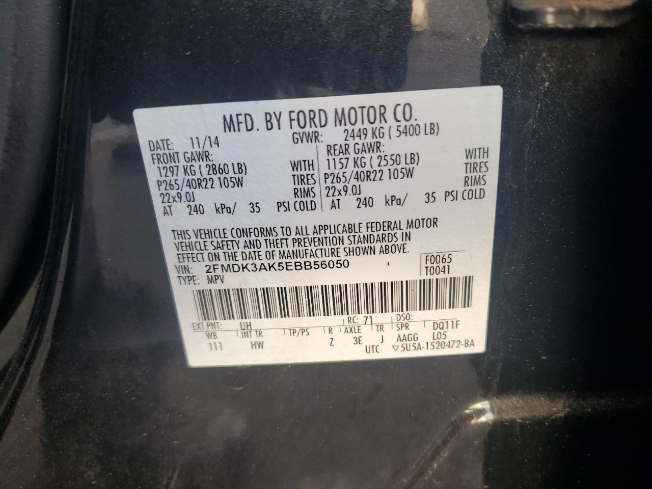 2014 Ford Edge Sport VIN: 2FMDK3AK5EBB56050 Lot: 83949585