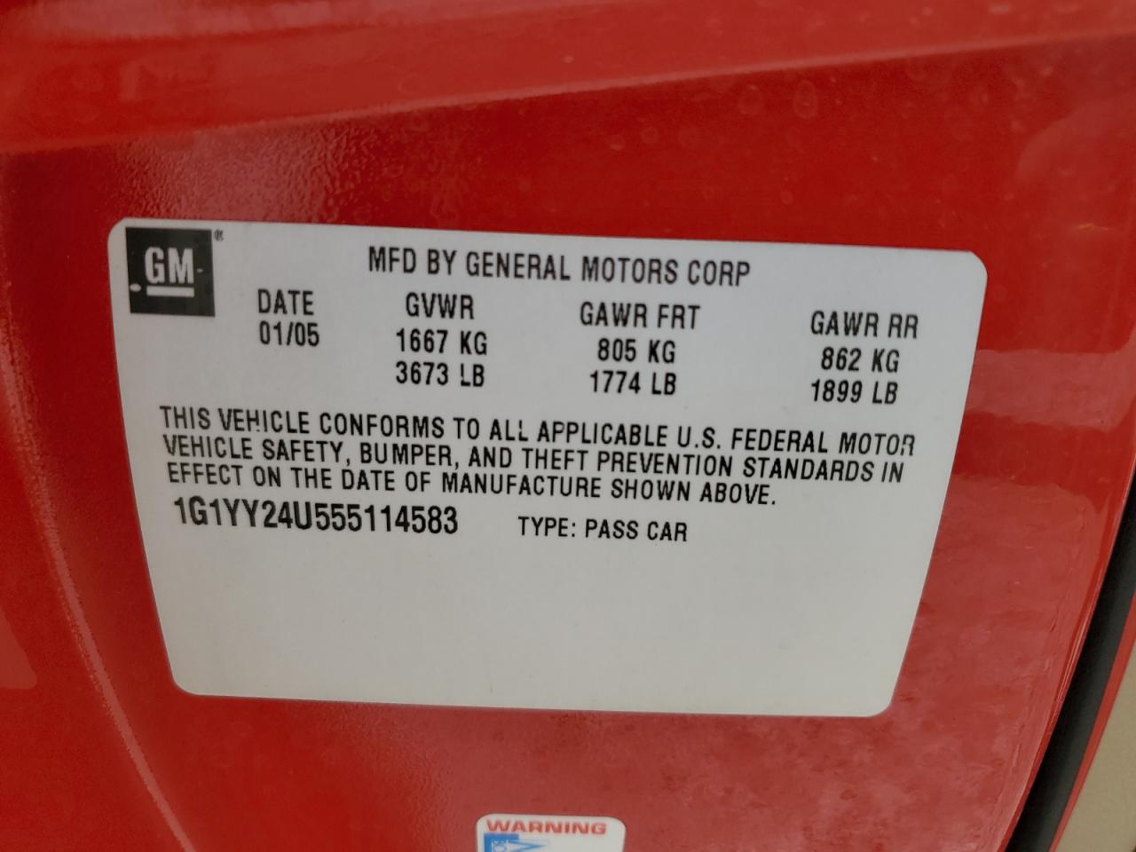 2005 Chevrolet Corvette VIN: 1G1YY24U555114583 Lot: 72009715