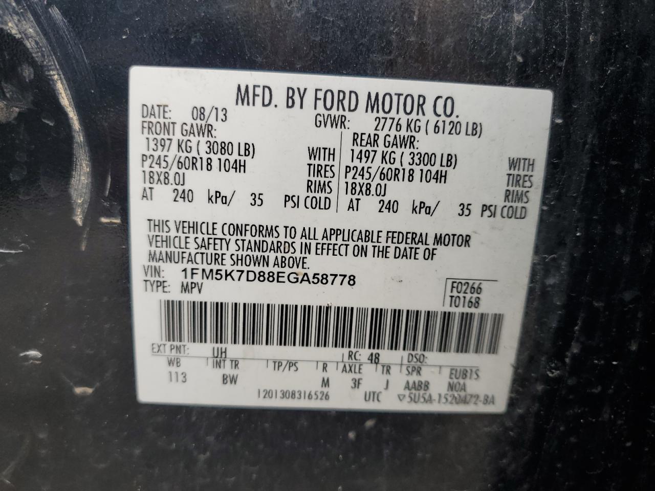 2014 Ford Explorer Xlt VIN: 1FM5K7D88EGA58778 Lot: 84160775