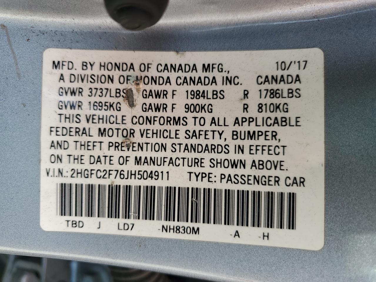 2018 Honda Civic Ex VIN: 2HGFC2F76JH504911 Lot: 83994535