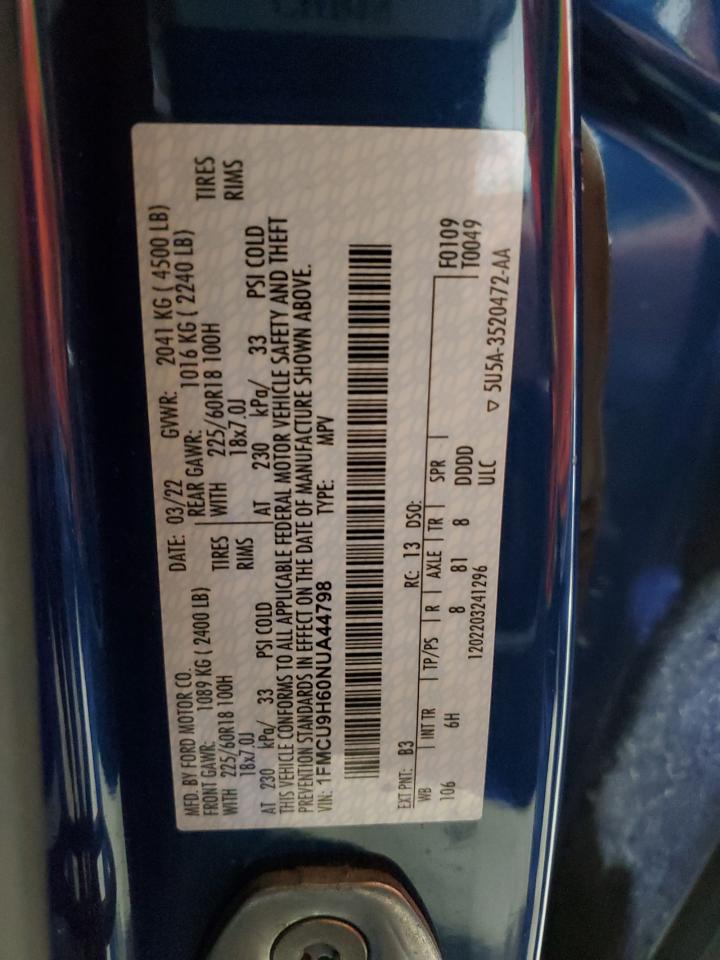 2022 Ford Escape Sel VIN: 1FMCU9H60NUA44798 Lot: 70881425