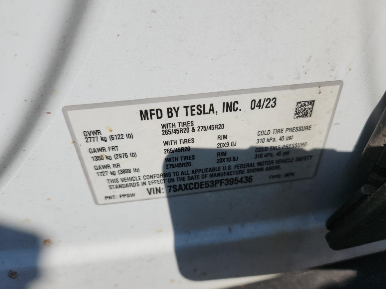 2023 Tesla Model X VIN: 7SAXCDE53PF395436 Lot: 70820055