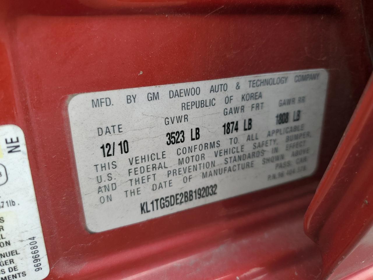 2011 Chevrolet Aveo Lt VIN: KL1TG5DE2BB192032 Lot: 81731895