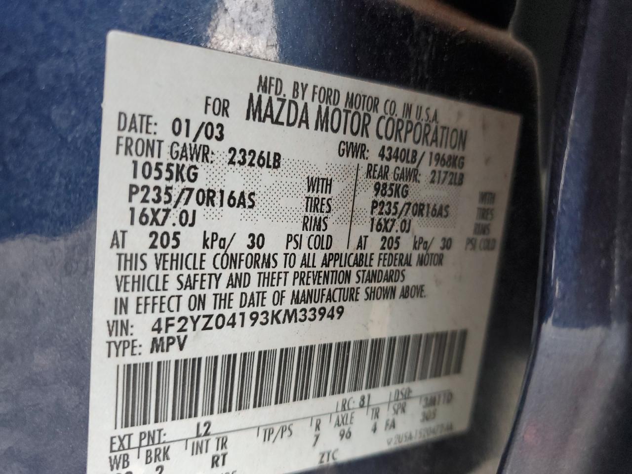 2003 Mazda Tribute Lx VIN: 4F2YZ04193KM33949 Lot: 84288135