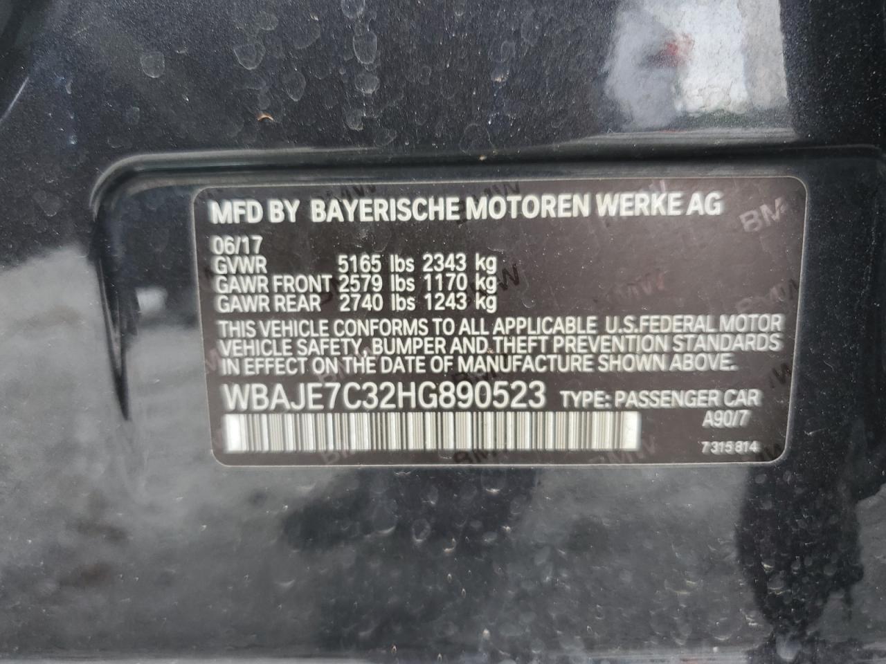 2017 BMW 540 Xi VIN: WBAJE7C32HG890523 Lot: 84603945