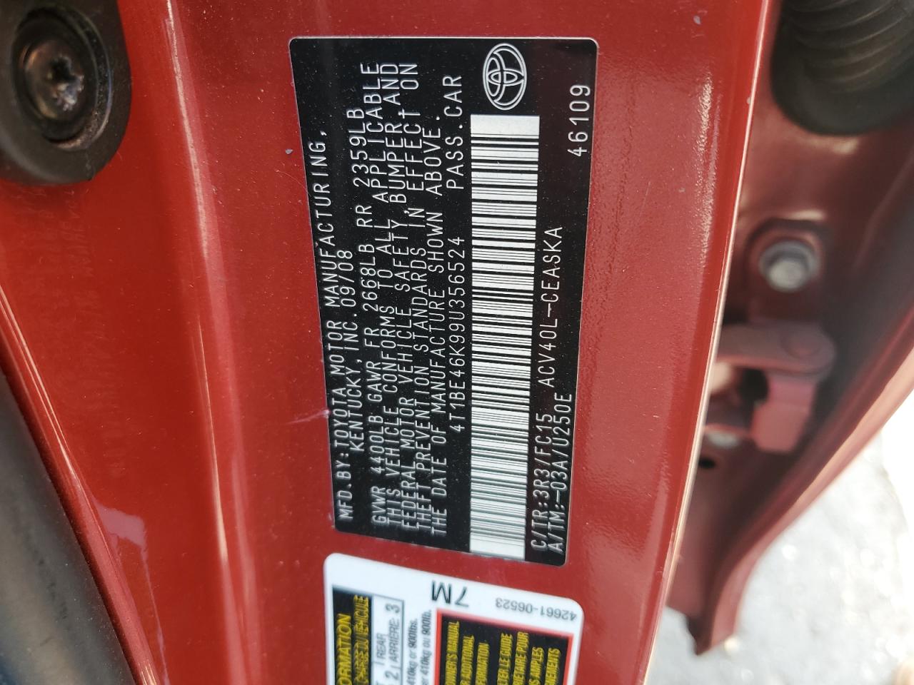 2009 Toyota Camry Base VIN: 4T1BE46K99U356524 Lot: 81662405