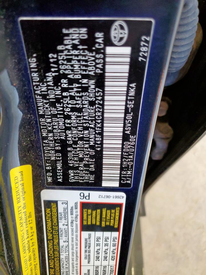2012 Toyota Camry Base VIN: 4T4BF1FK4CR272457 Lot: 71548575