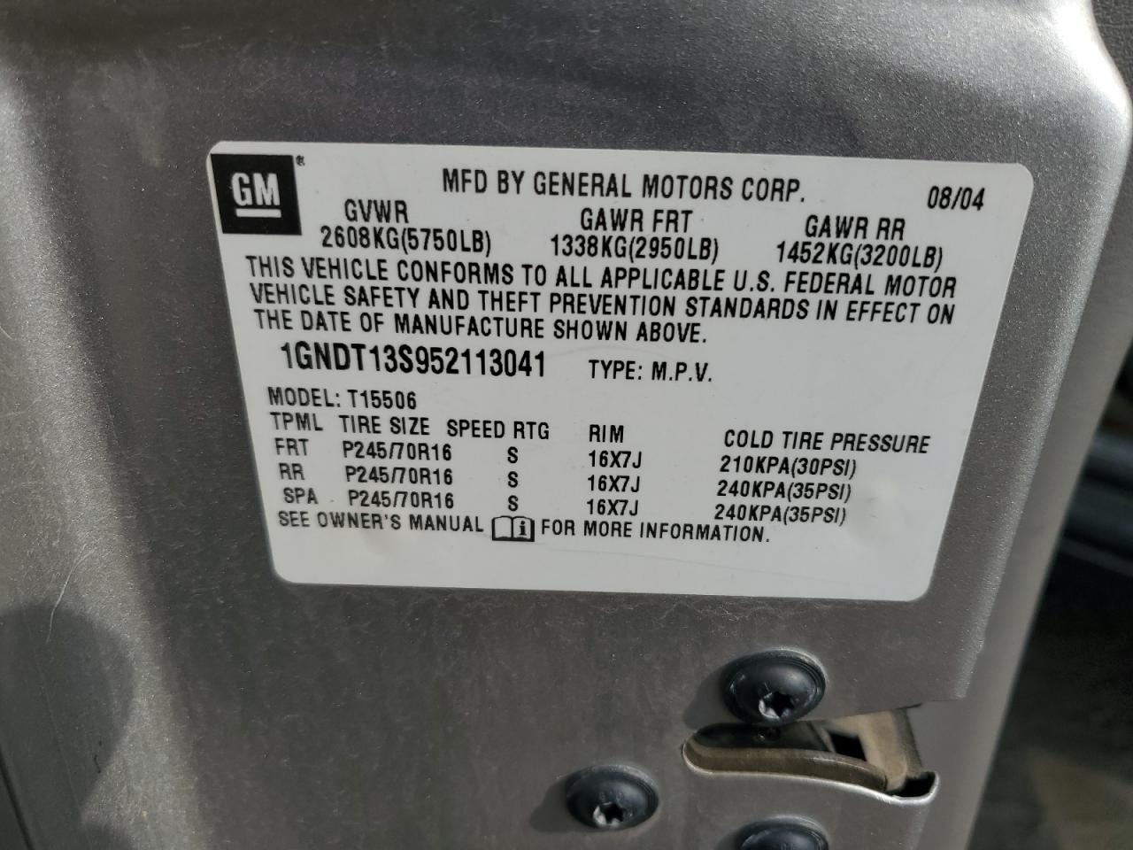 2005 Chevrolet Trailblazer Ls VIN: 1GNDT13S952113041 Lot: 81208505