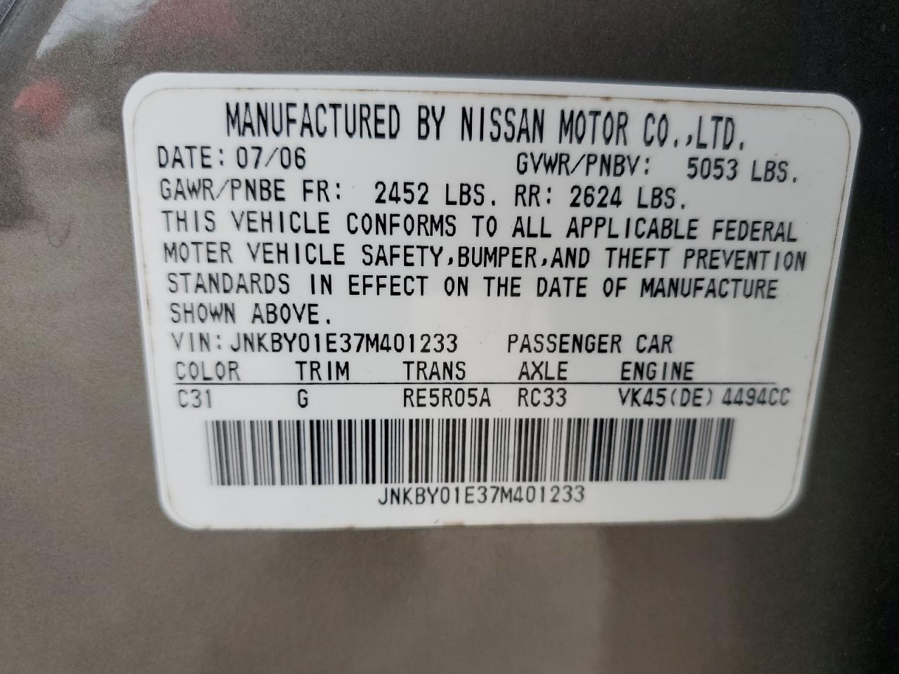 2007 Infiniti M45 Base VIN: JNKBY01E37M401233 Lot: 71097095