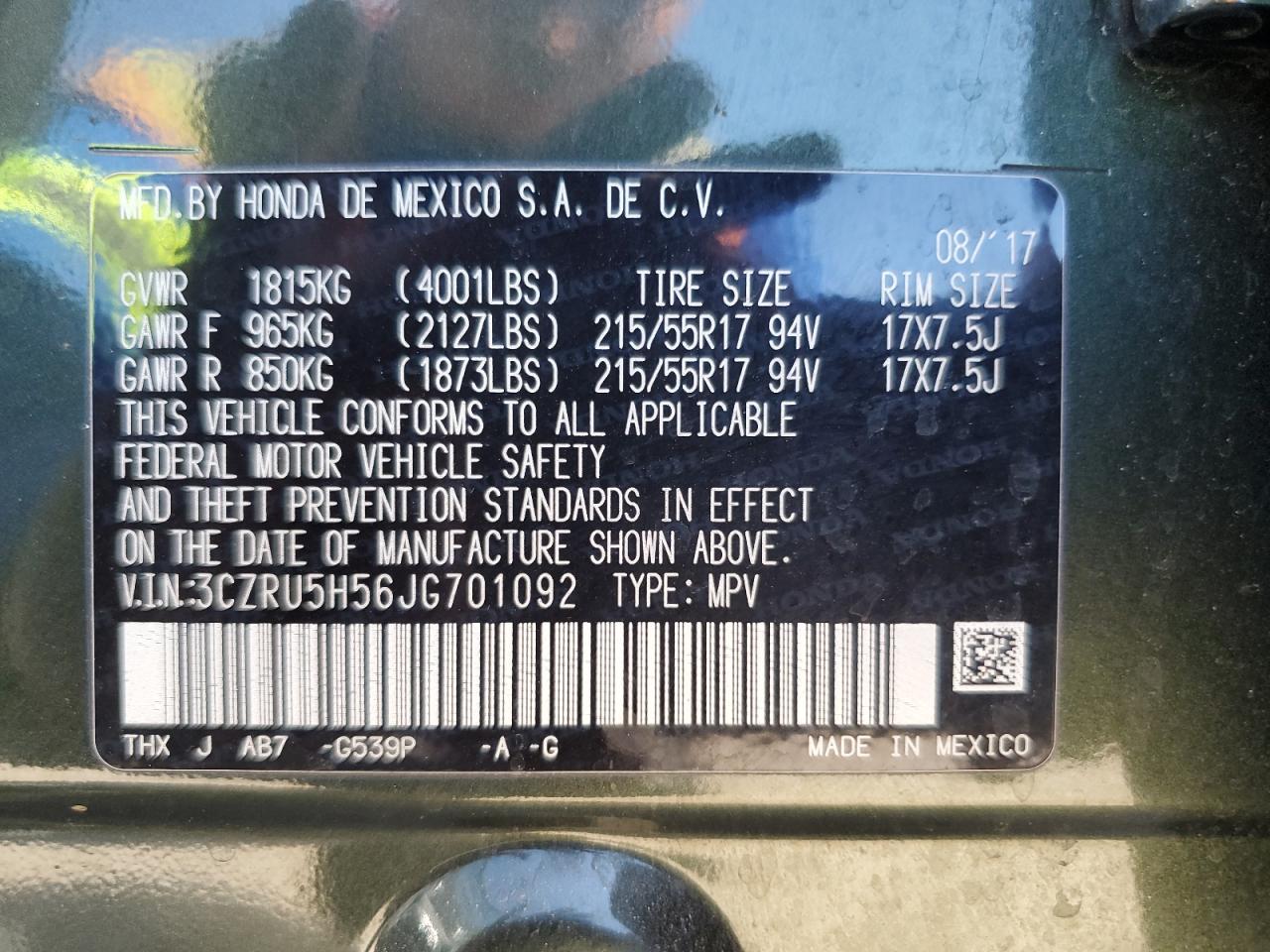 2018 Honda Hr-V Ex VIN: 3CZRU5H56JG701092 Lot: 83781225