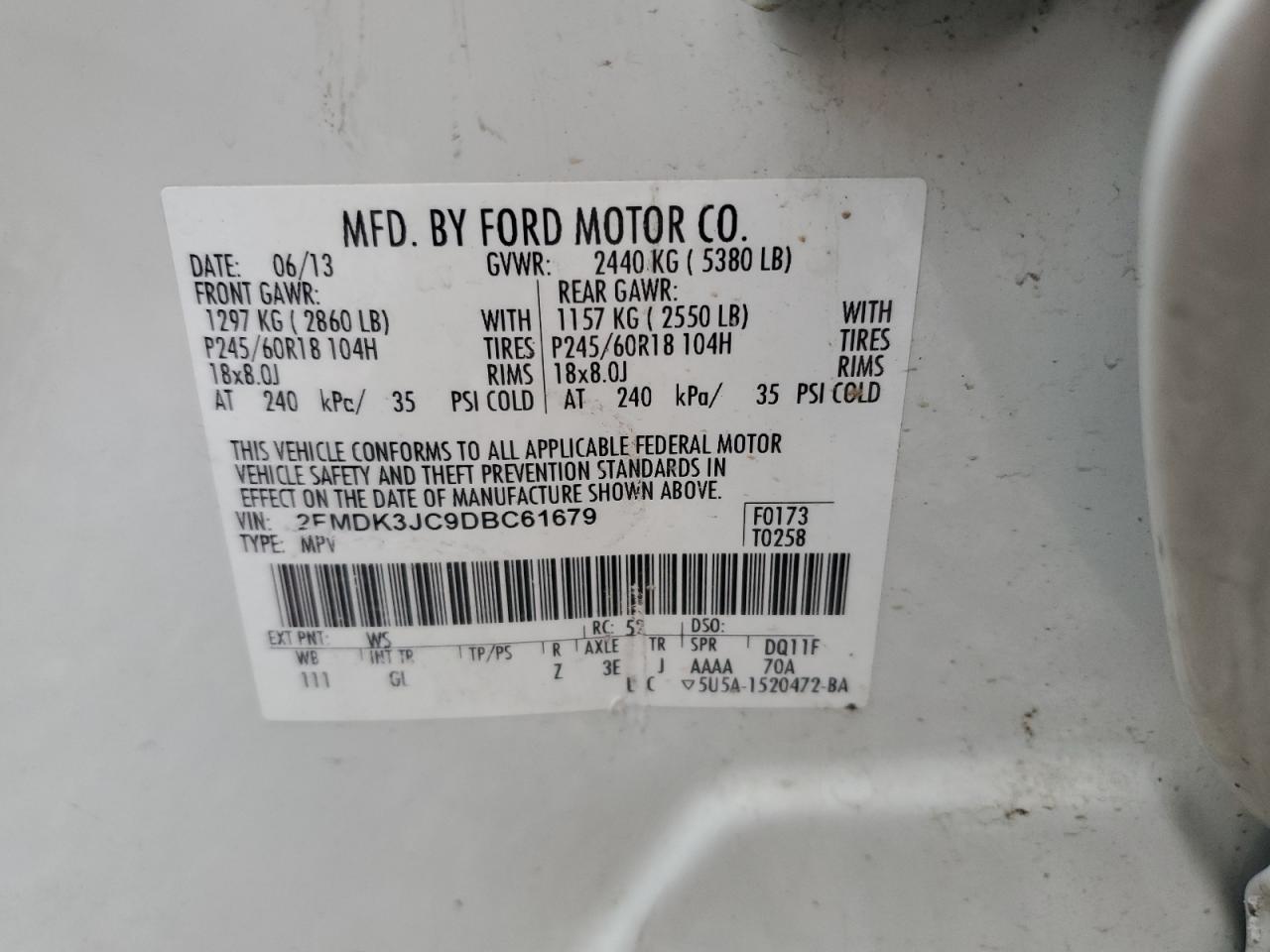 2013 Ford Edge Sel VIN: 2FMDK3JC9DBC61679 Lot: 83786395