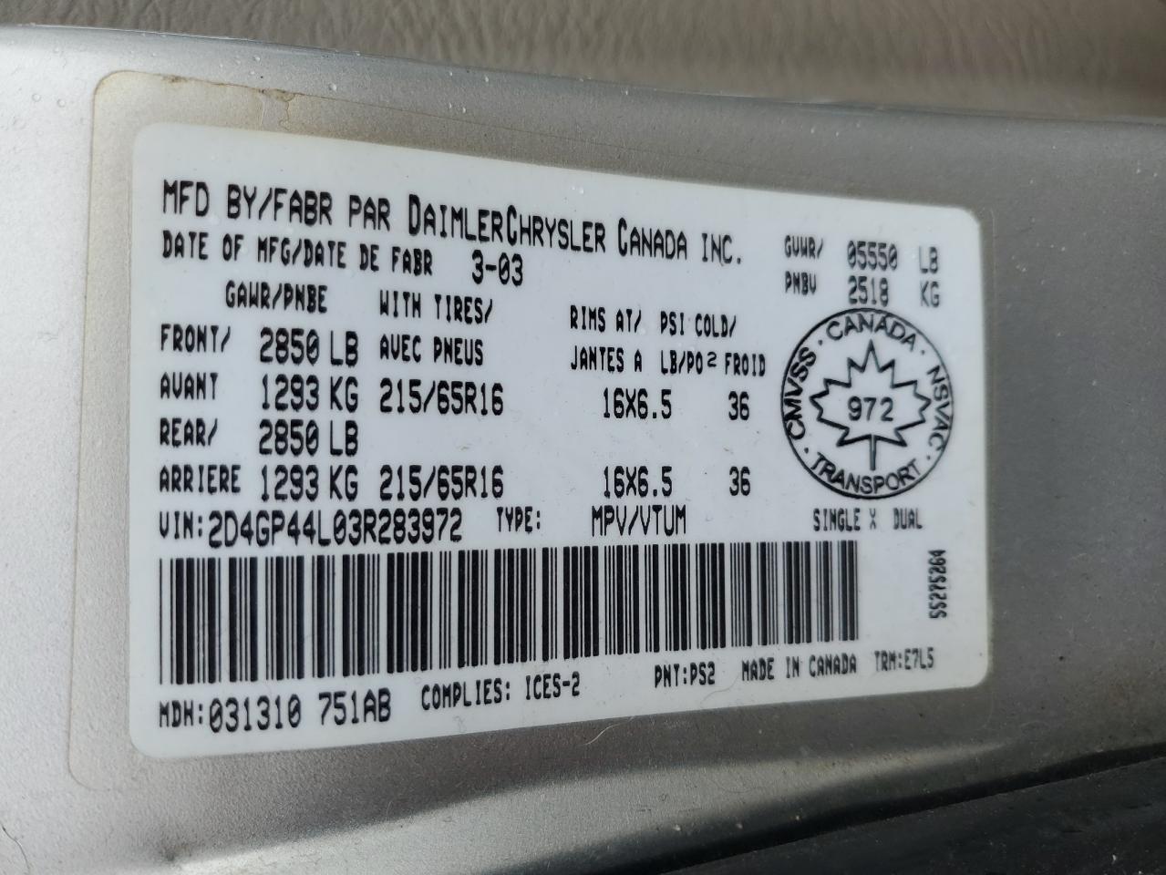 2003 Dodge Grand Caravan Sport VIN: 2D4GP44L03R283972 Lot: 81116425