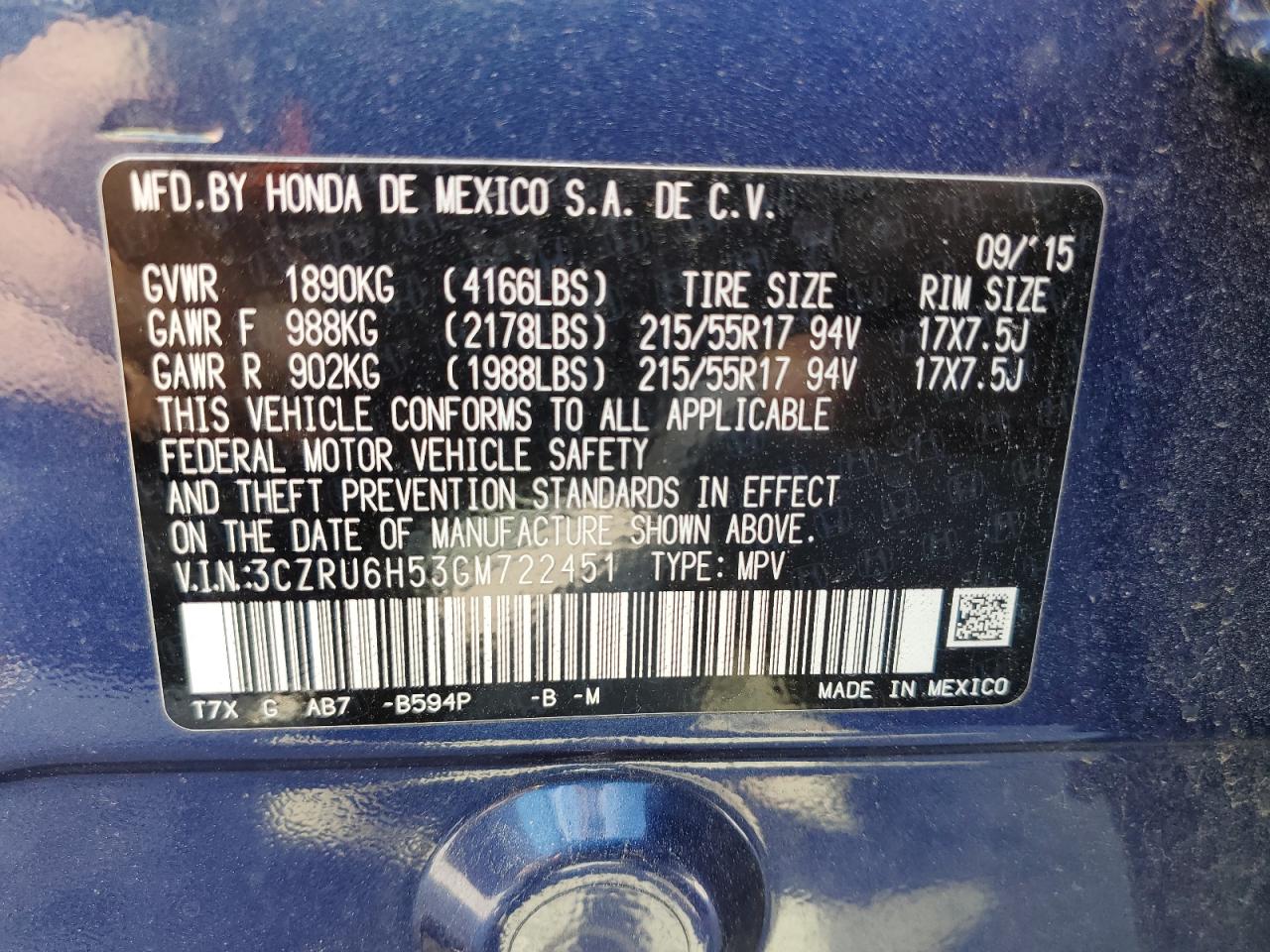 2016 Honda Hr-V Ex VIN: 3CZRU6H53GM722451 Lot: 80460635