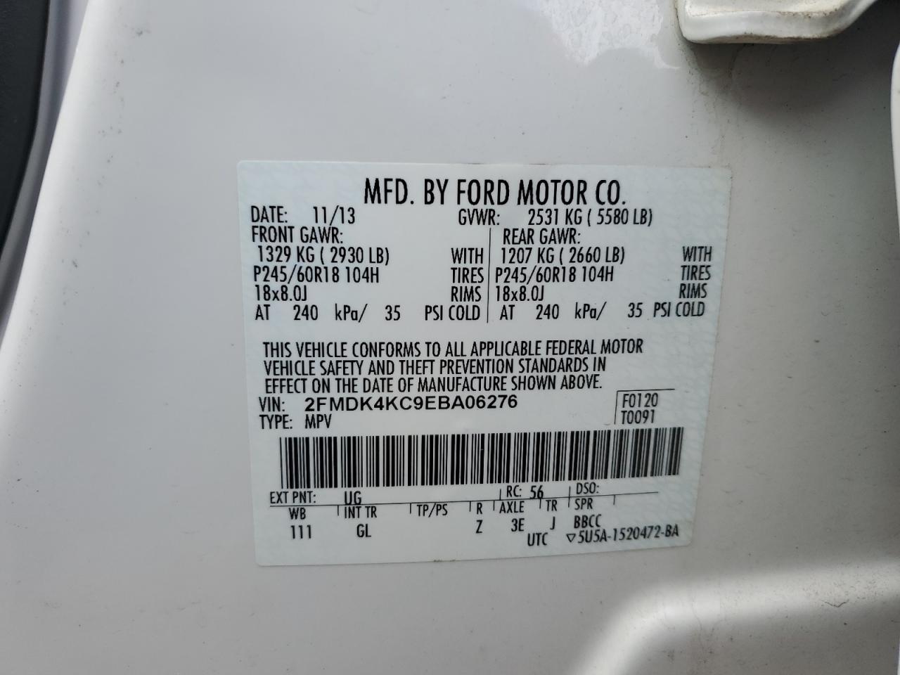 2014 Ford Edge Limited VIN: 2FMDK4KC9EBA06276 Lot: 71991805