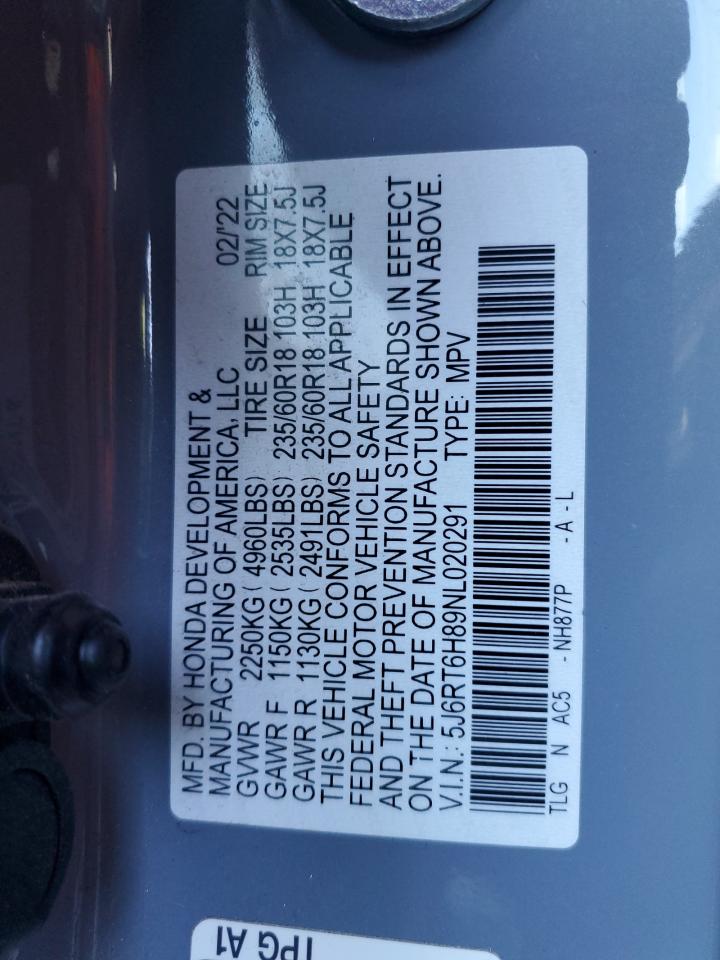 2022 Honda Cr-V Exl VIN: 5J6RT6H89NL020291 Lot: 81372185