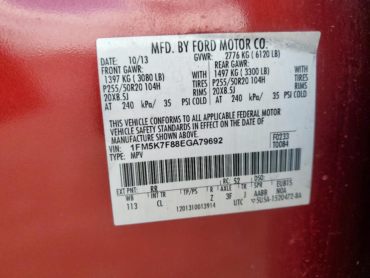 2014 Ford Explorer Limited VIN: 1FM5K7F88EGA79692 Lot: 81456025