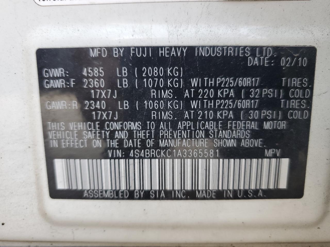 2010 Subaru Outback 2.5I Limited VIN: 4S4BRCKC1A3365581 Lot: 81793715