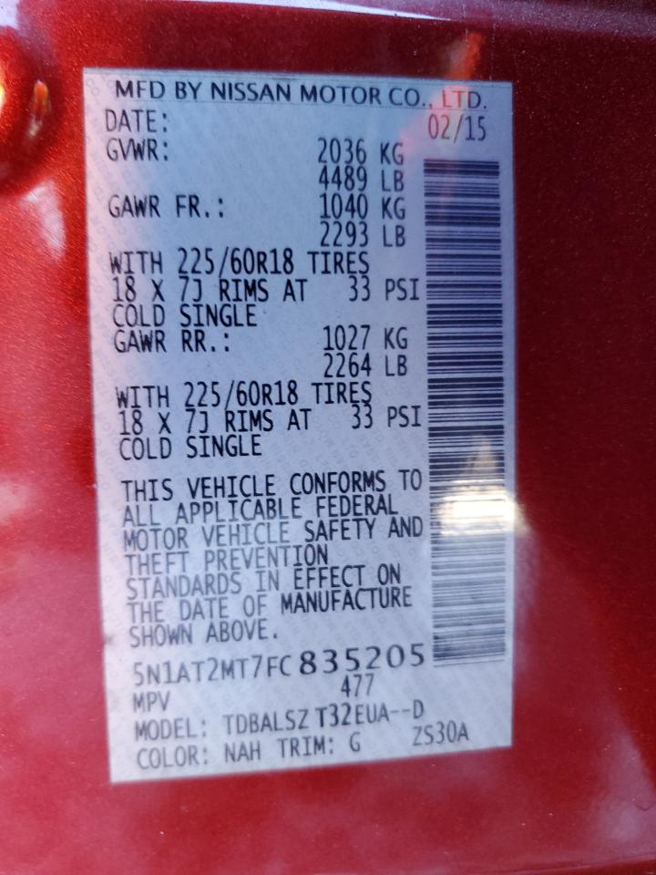 2015 Nissan Rogue S VIN: 5N1AT2MT7FC835205 Lot: 81738605