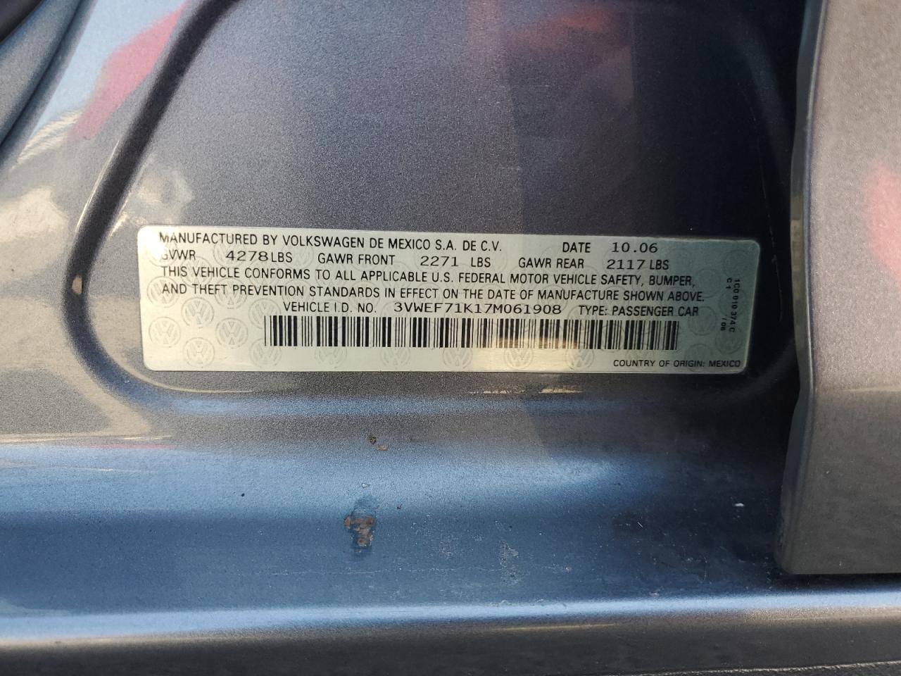 2007 Volkswagen Jetta Wolfsburg VIN: 3VWEF71K17M061908 Lot: 82062615