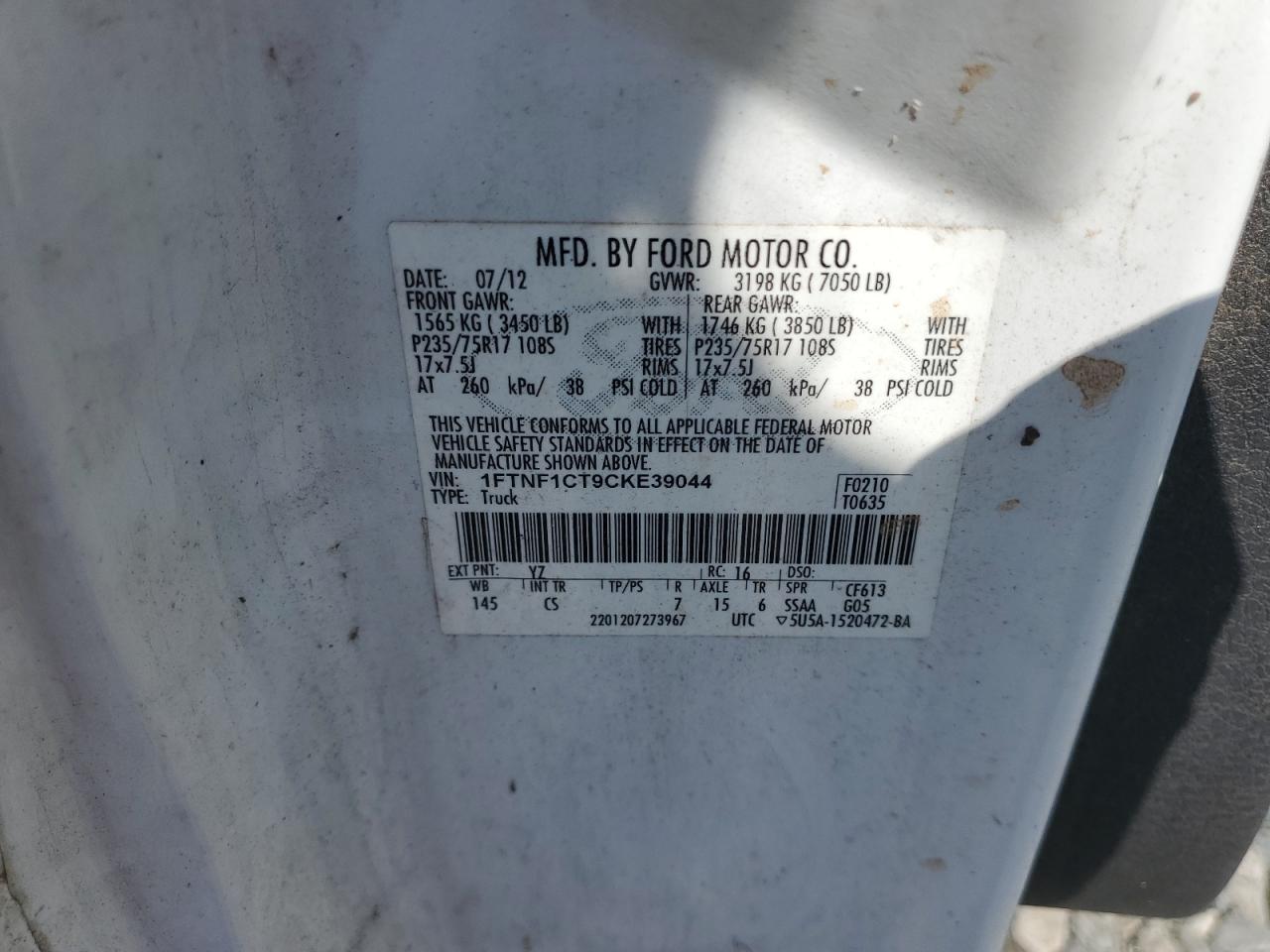 2012 Ford F150 VIN: 1FTNF1CT9CKE39044 Lot: 81768485