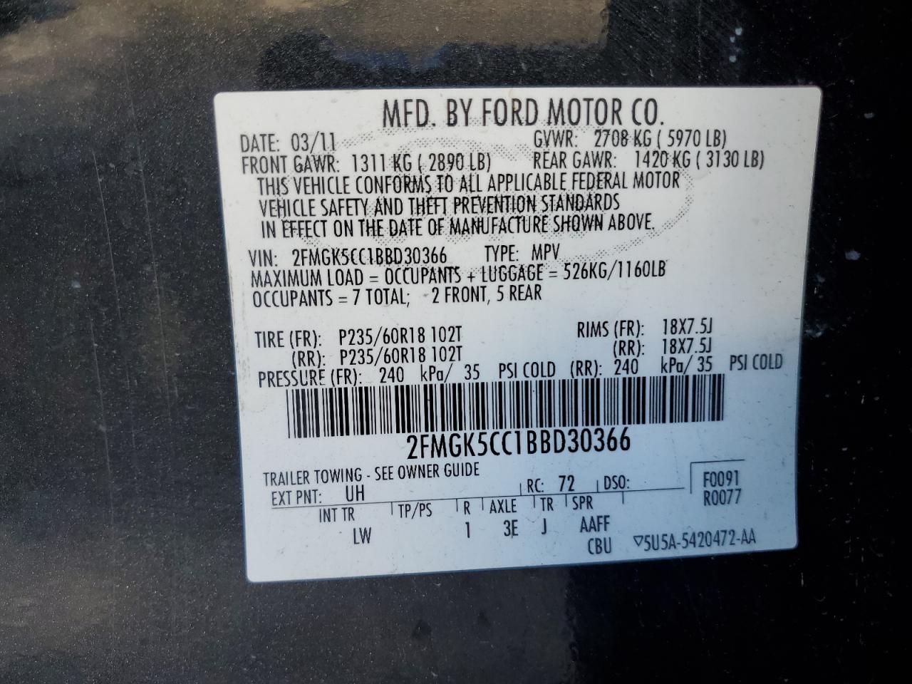 2011 Ford Flex Sel VIN: 2FMGK5CC1BBD30366 Lot: 84710895